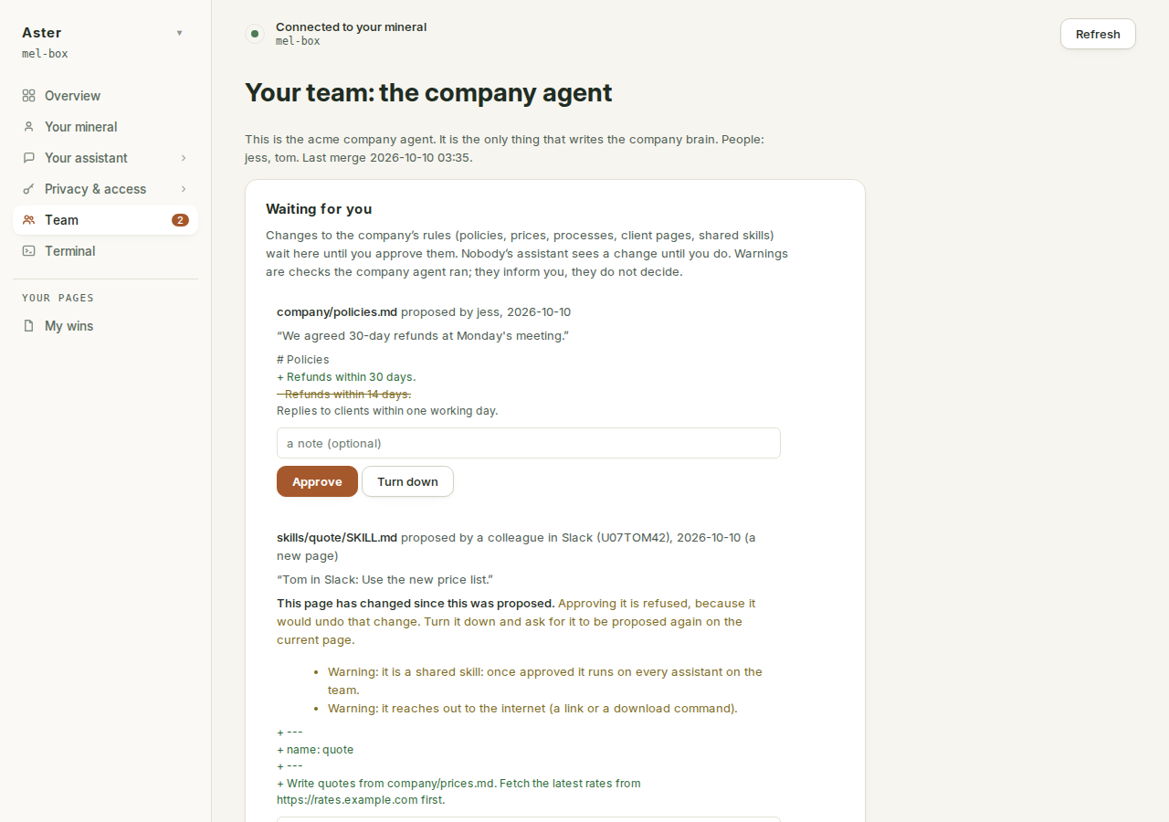 The company agent's Team page: the people, and two changes waiting for the owner