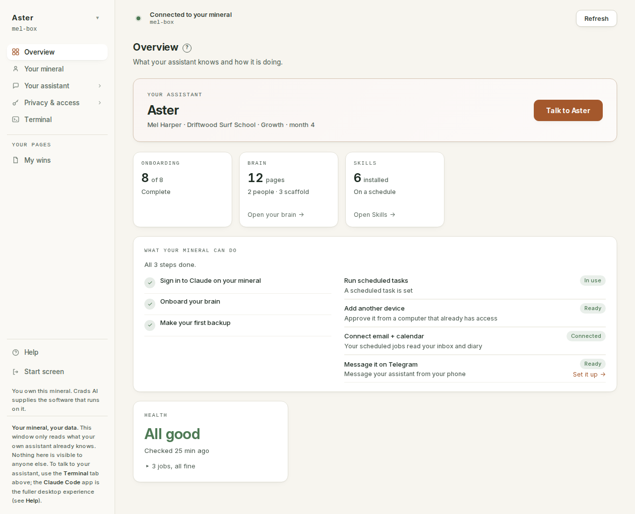 The Crads-AI app on its Overview page: the assistant by name, the interview progress, the size of its brain, what it can do, and the jobs it runs by itself