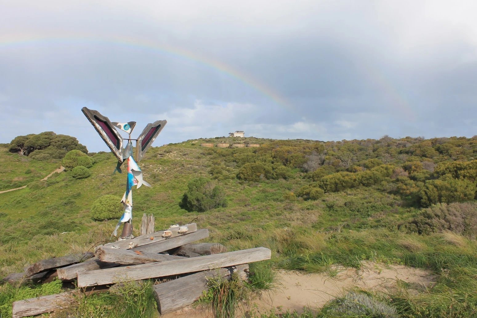 A rainbow arching over a green coastal hillside, with a driftwood sculpture of a bird in the foreground